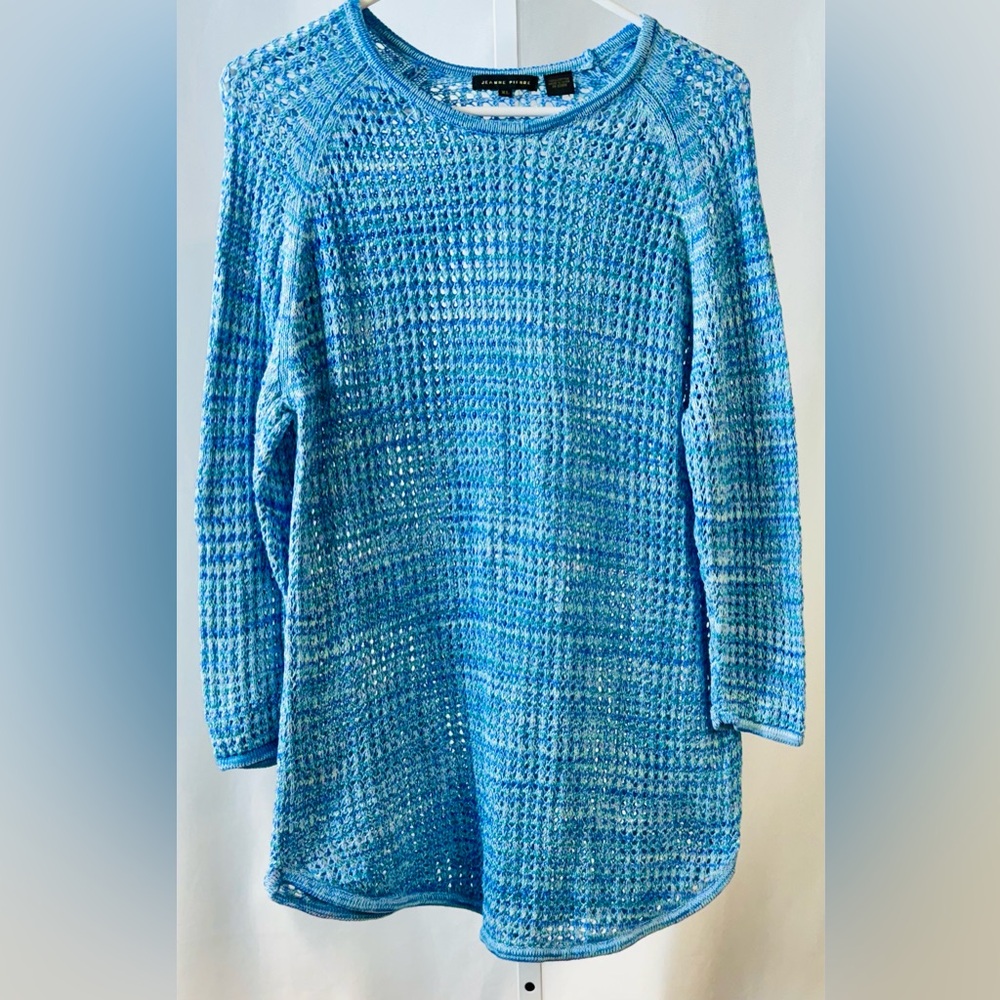 JEANNE‎ Pierre Variegated Blue Crochet Knit 100% Cotton Crew Neck Sweater sz XL